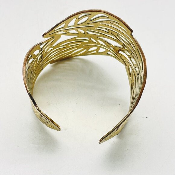 Gold Tone Cuff Bracelet Openwork Leaf Design Wide Statement Fashion Jewelry - Picture 3 of 6